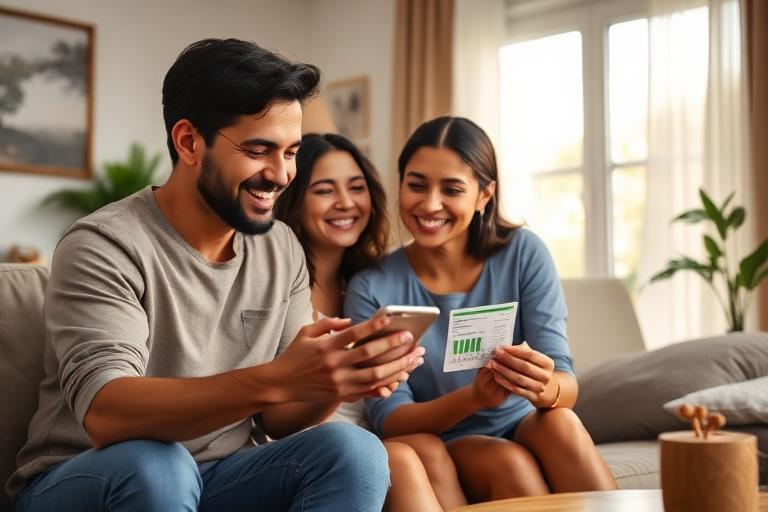Família feliz vendo conta de luz mais barata no celular